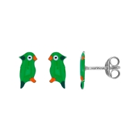 Boucles d'oreilles perroquet émail vert orange noir blanc argent 925/1000 rhodié