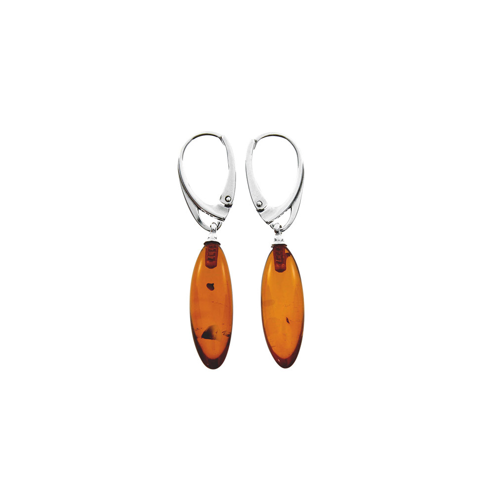 Boucles d'oreilles pierre ambre cognac ovale pendante et brisures argent 925/1000