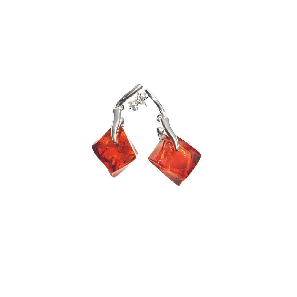 Boucles d'oreilles pierre carré fantaisie en ambre, argent 925/1000