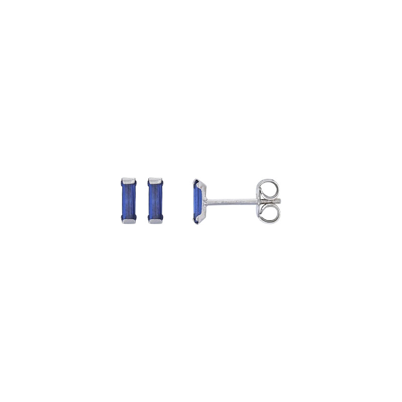 Boucles d'oreilles pierre synthétique bleu saphir taille baguette 2x6mm, argent 925/1000 rhodié