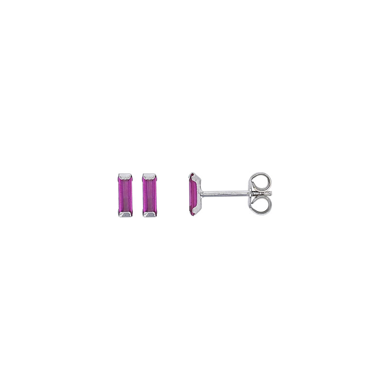 Boucles d'oreilles pierre synthétique rose fuchsia taille baguette 2x6mm, argent 925/1000 rhodié