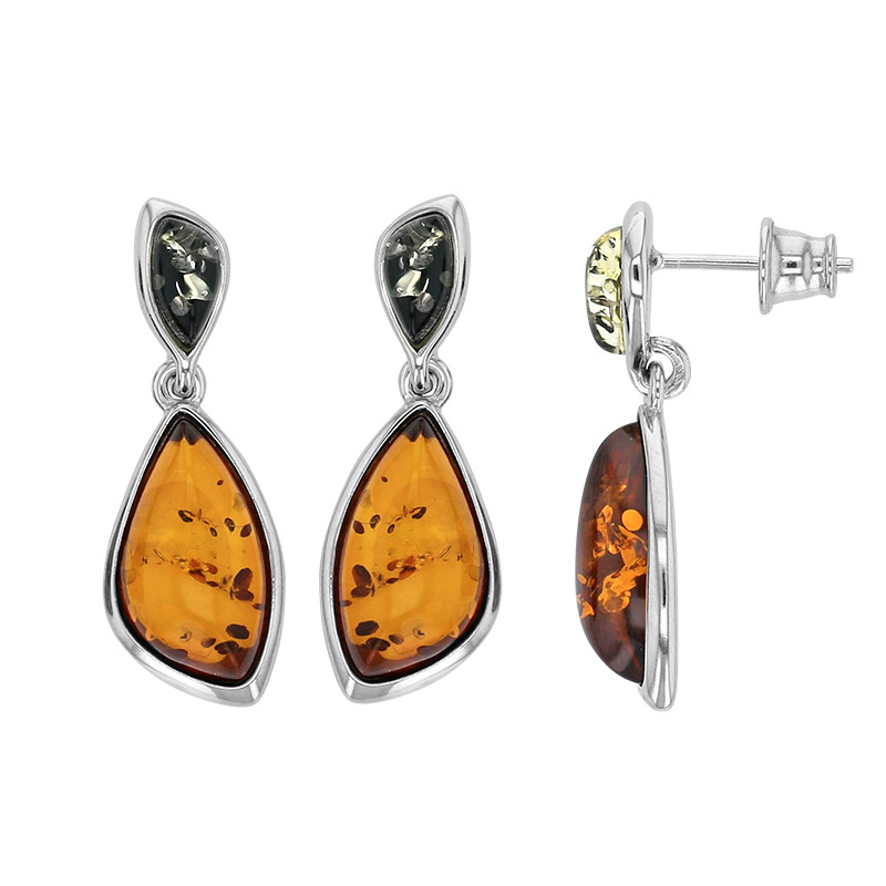 Boucles d'oreilles pierres d'Ambre cognac et verte en argent 925/1000 rhodié