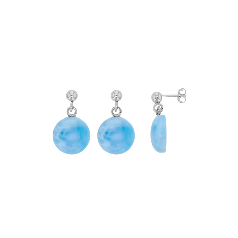 Boucles d'oreilles pierres Larimar demi-boule, argent 925/1000 rhodié