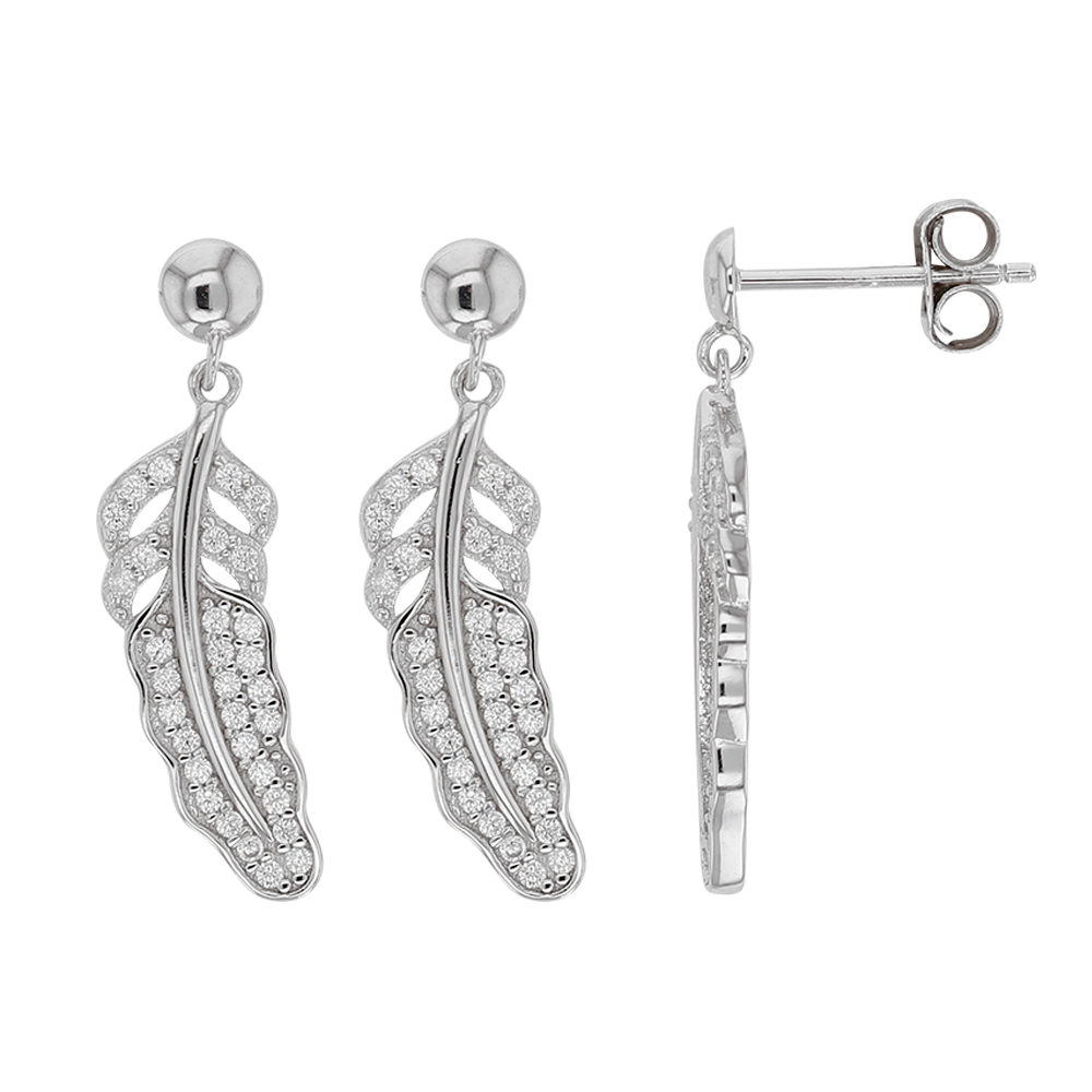 Boucles d'oreilles plume ajourée en argent 925/1000 rhodié et oxydes de zirconium