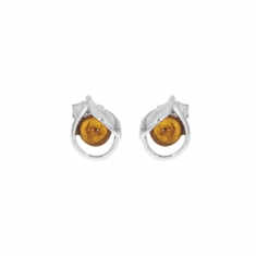 Boucles d'oreilles puce ambre couleur miel ornées de feuille en argent 925/1000 rhodié