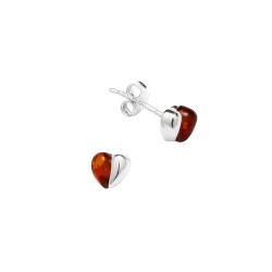 Boucles d'oreilles puce coeur, moitié ambre, moitié argent 925/1000
