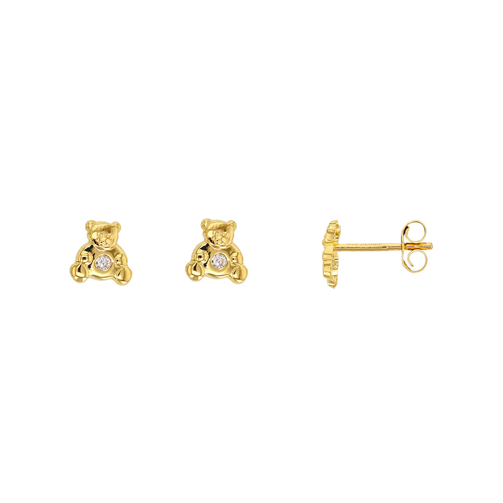 Boucles d'oreilles puce Or 375/1000 et oxyde de zirconium - petit ourson