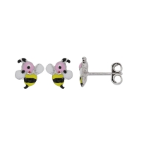 Boucles d'oreilles puces abeille émail jaune, noir et blanc, argent 925/1000 rhodié