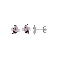 Boucles d'oreilles puces abeille émail rose, noir et blanc, argent 925/1000 rhodié