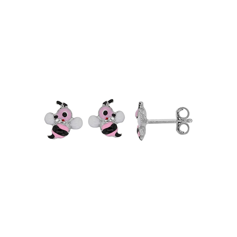 Boucles d'oreilles puces abeille émail rose, noir et blanc, argent 925/1000 rhodié