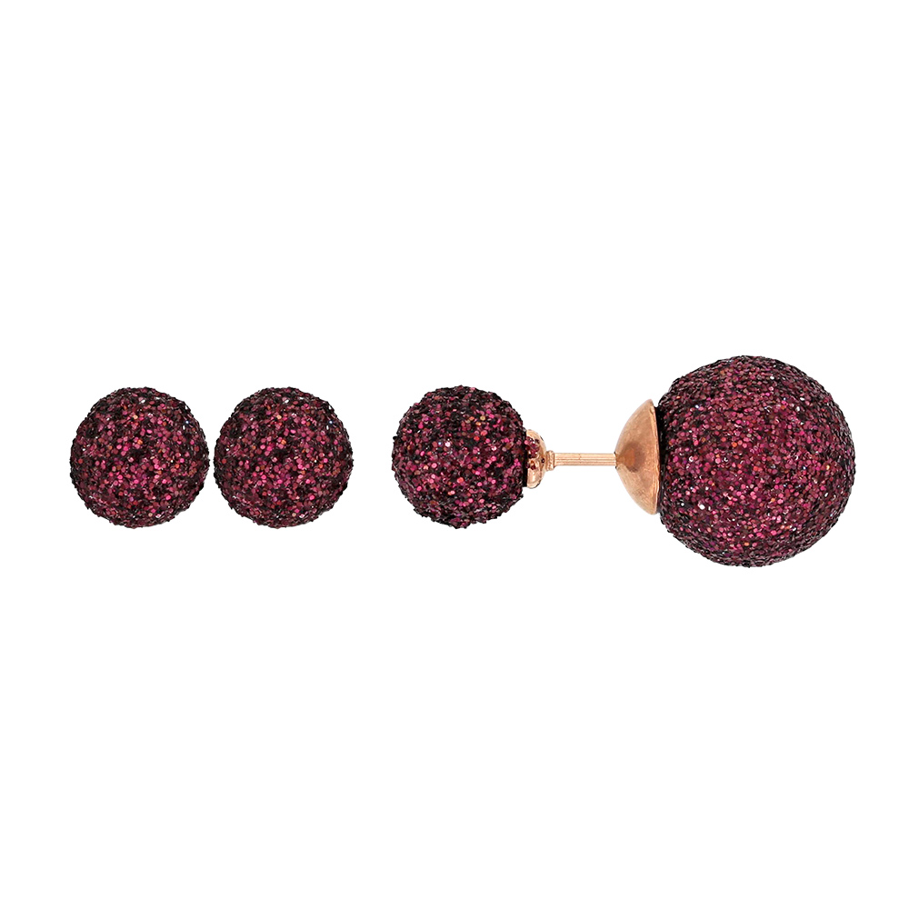 Boucles d'oreilles puces acier doré rose 2 boules pailletées prune ø 7-10 mm