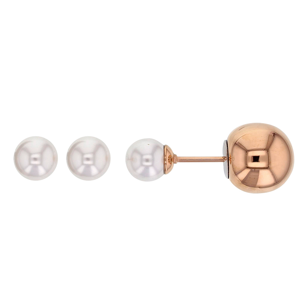 Boucles d'oreilles puces acier doré rose 1 perle synthétique et 1 boule acier, ø 6 - 10 mm