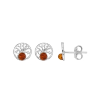 Boucles d'oreilles puces ambre cognac Arbre de vie en argent 925/1000 rhodié