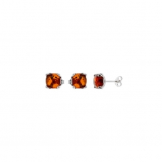 Boucles d'oreilles puces ambre cognac serti griffe argent 925/1000 rhodié