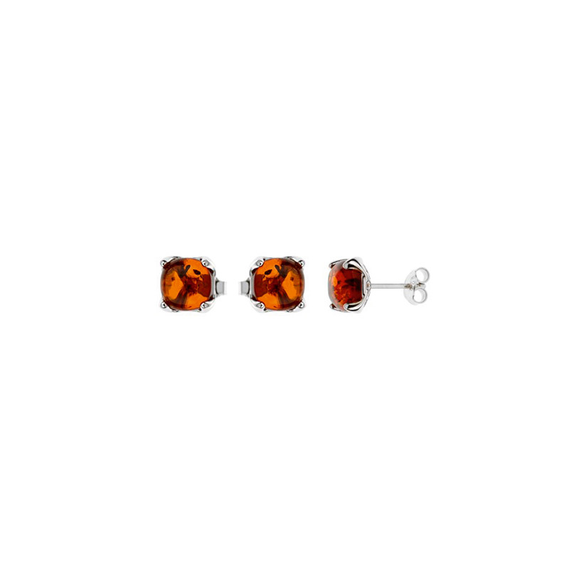 Boucles d'oreilles puces ambre cognac serti griffe argent 925/1000 rhodié