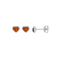 Boucles d'oreilles puces ambre forme coeur cognac et argent 925/1000