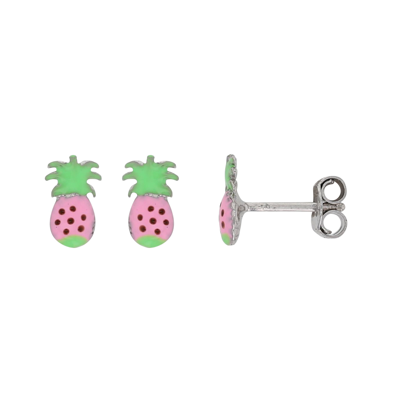 Boucles d'oreilles puces ananas émail rose et vert, argent 925/1000 rhodié