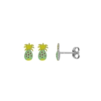 Boucles d'oreilles puces ananas émail vert et jaune, argent 925/1000 rhodié