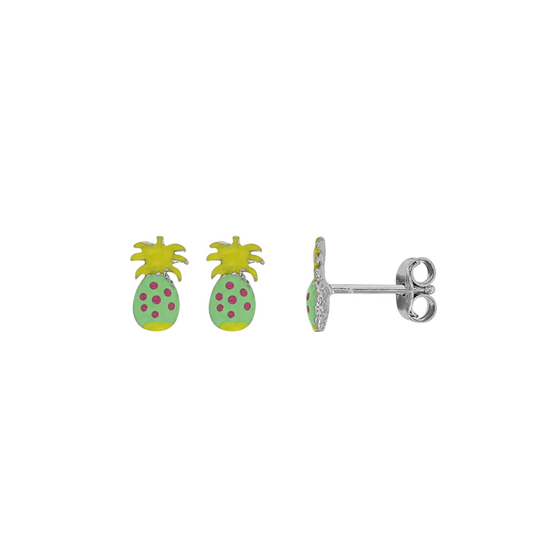 Boucles d'oreilles puces ananas émail vert et jaune, argent 925/1000 rhodié