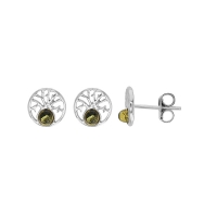Boucles d'oreilles puces arbre de vie ajouré ambre vert argent 925/1000 rhodié