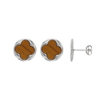Boucles d'oreilles puces argent 925/1000 rhodié avec trèfle quadrilobé en Oeil de tigre