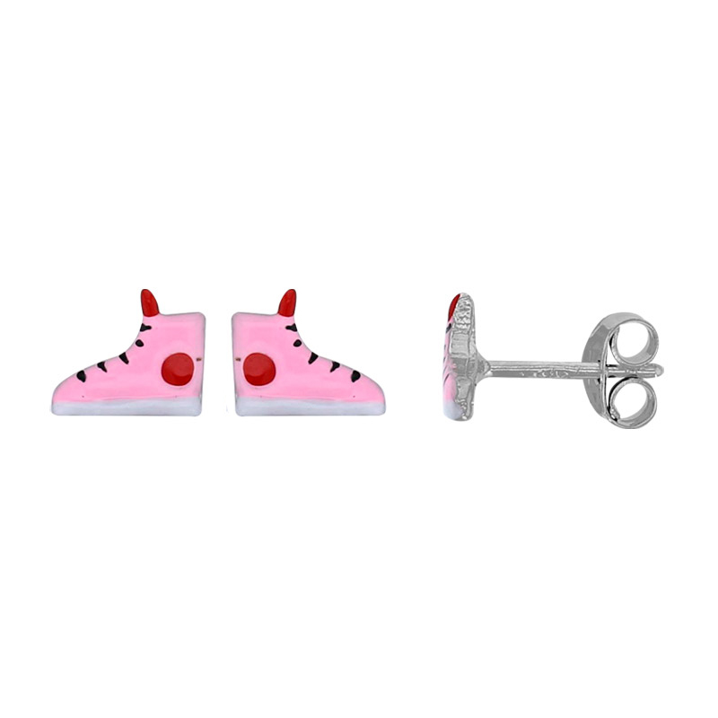 Boucles d'oreilles puces basket émail rose rouge noir blanc argent 925/1000 rhodié