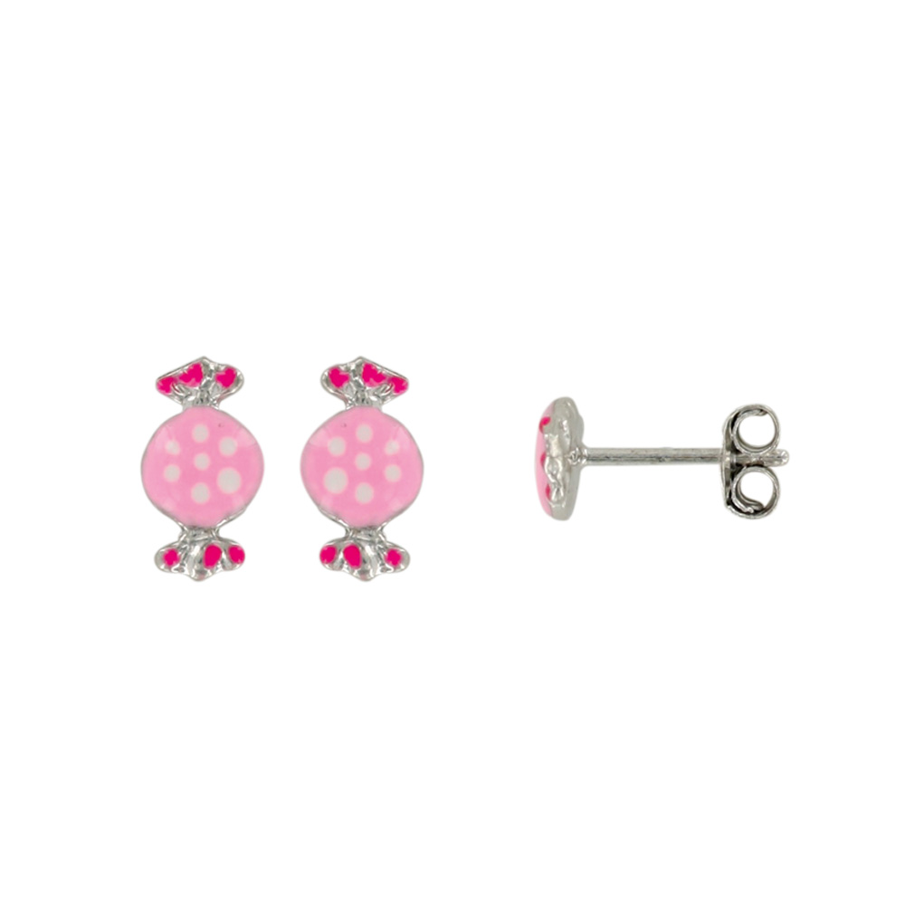 Boucles d'oreilles puces bonbon, émail rose, argent 925/1000 rhodié