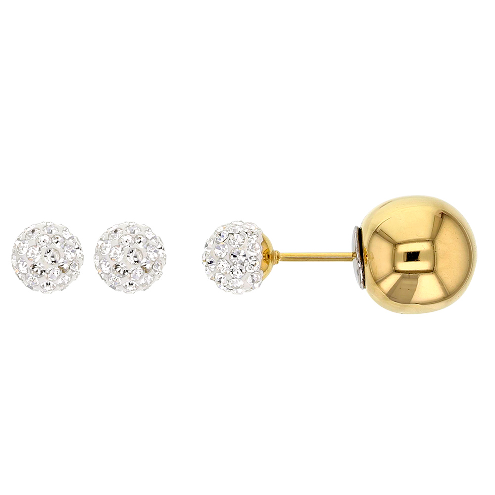 Boucles d'oreilles puces 2 boules acier doré dont 1 ornée de cristaux, ø 6 - 10 mm