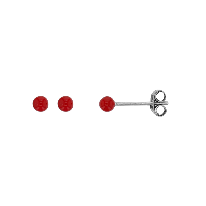 Boucles d'oreilles puces, boules rouges émaillées, argent 925/1000 rhodié