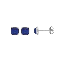 Boucles d'oreilles puces cabochon carré lapis-lazuli, argent 925/1000 rhodié