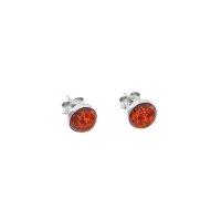 Boucles d'oreilles puces cabochon rond 4mm ambre cognac, argent 925/1000