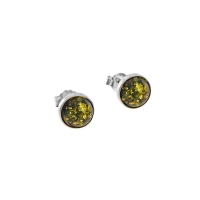 Boucles d'oreilles puces cabochon rond 4mm ambre vert, argent 925/1000