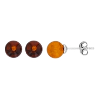 Boucles d'oreilles puces cabochon rond 7mm ambre cognac, argent 925/1000