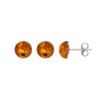 Boucles d'oreilles puces cabochon rond 8mm ambre cognac, argent 925/1000