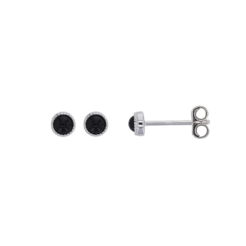 Boucles d'oreilles puces cabochon rond agate noire, argent 925/1000 rhodié