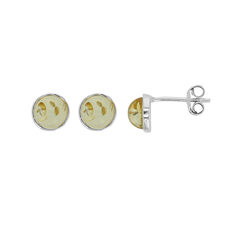 Boucles d'oreilles puces cabochon rond 6mm ambre miel, argent 925/1000