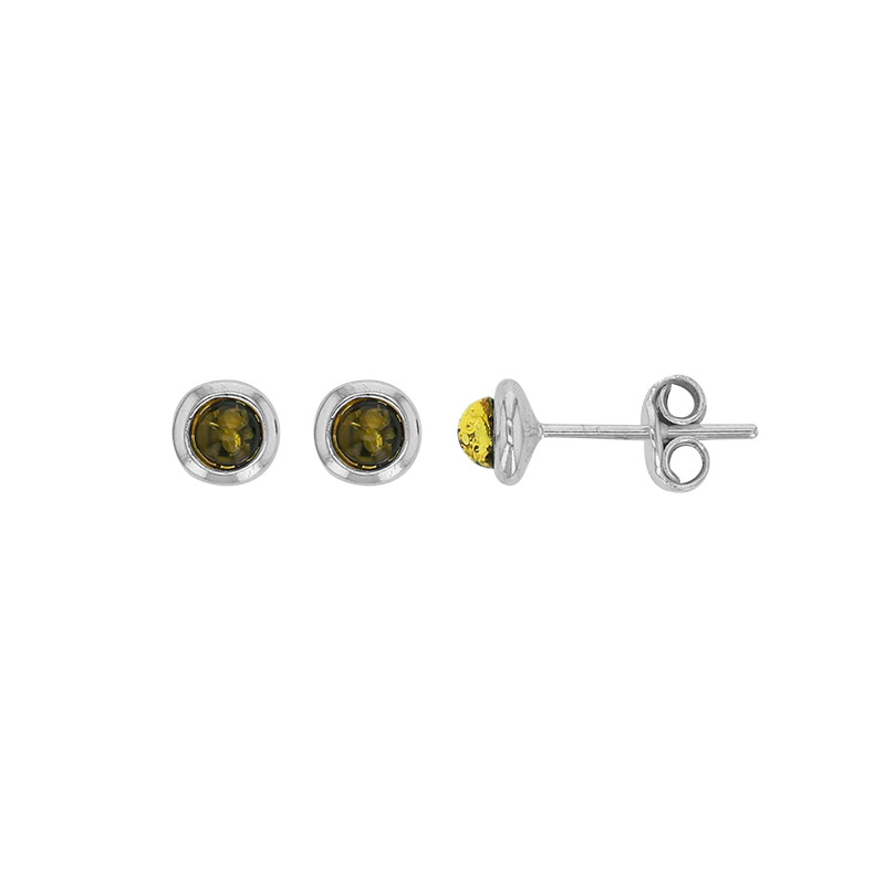 Boucles d'oreilles puces cabochon rond 4mm ambre vert, argent 925/1000