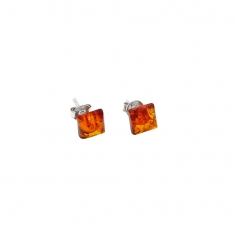 Boucles d'oreilles puces carrées en ambre cognac, armature argent 925/1000