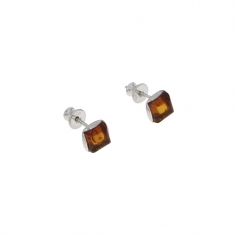 Boucles d'oreilles puces carrées en Ambre couleur cognac, argent 925/1000 rhodié