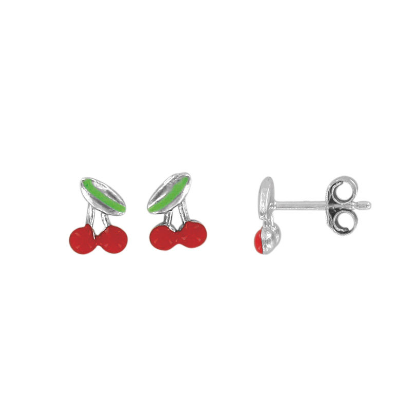 Boucles d'oreilles puces cerise, émail rouge en argent rhodié