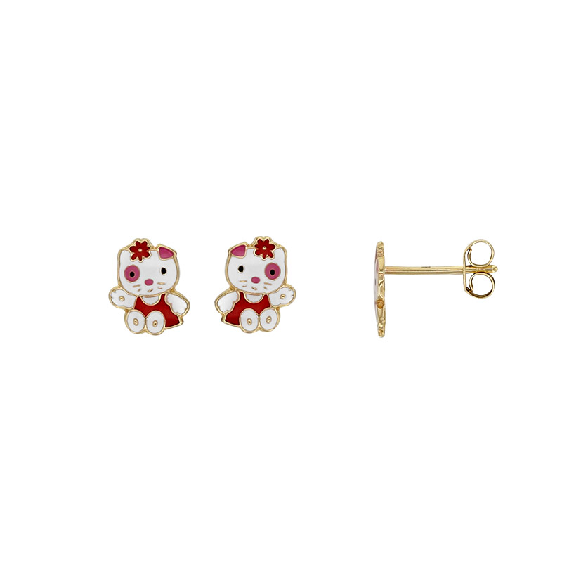 Boucles d'oreilles puces chat, émail rouge et blanc Or 750/1000