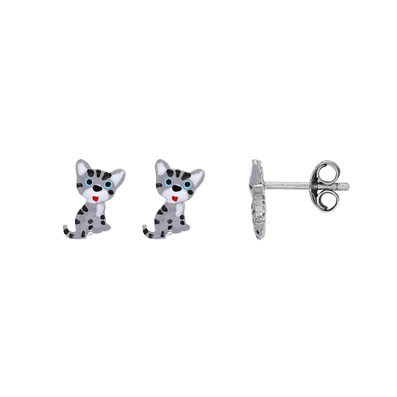 Boucles d'oreilles puces chatons émaillés, argent 925/1000 rhodié