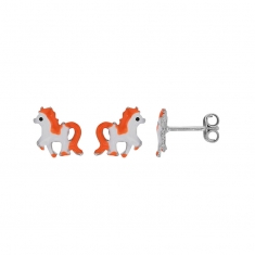 Boucles d'oreilles puces cheval émail blanc et orange, argent 925/1000 rhodié