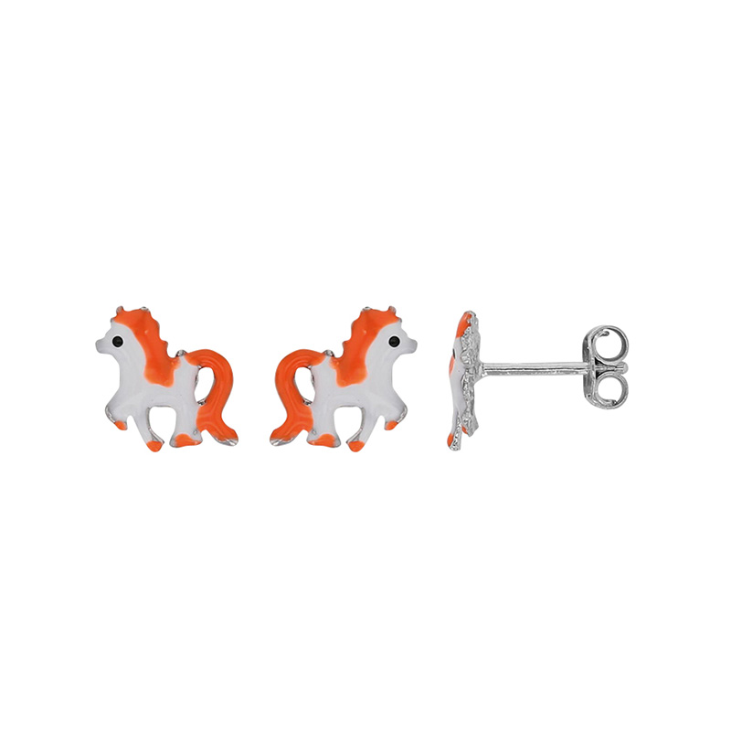 Boucles d'oreilles puces cheval émail blanc et orange, argent 925/1000 rhodié