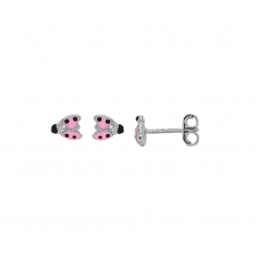Boucles d'oreilles puces coccinelle émail rose et argent 925/1000 rhodié