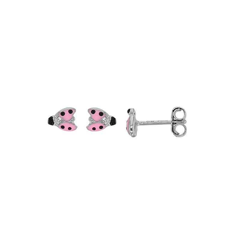 Boucles d'oreilles puces coccinelle émail rose et argent 925/1000 rhodié