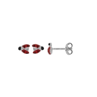Boucles d'oreilles puces coccinelle émail rouge et argent 925/1000 rhodié