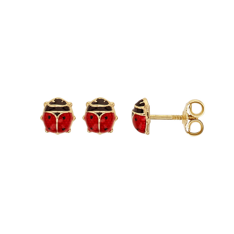 Boucles d'oreilles puces coccinelle, émail rouge Or 750/1000