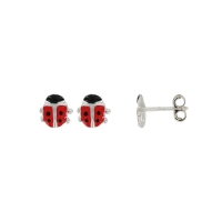 Boucles d'oreilles puces coccinelle, émaillées rouge, argent 925/1000 rhodié