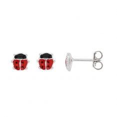 Boucles d'oreilles puces coccinelle, émaillées rouge, argent 925/1000 rhodié